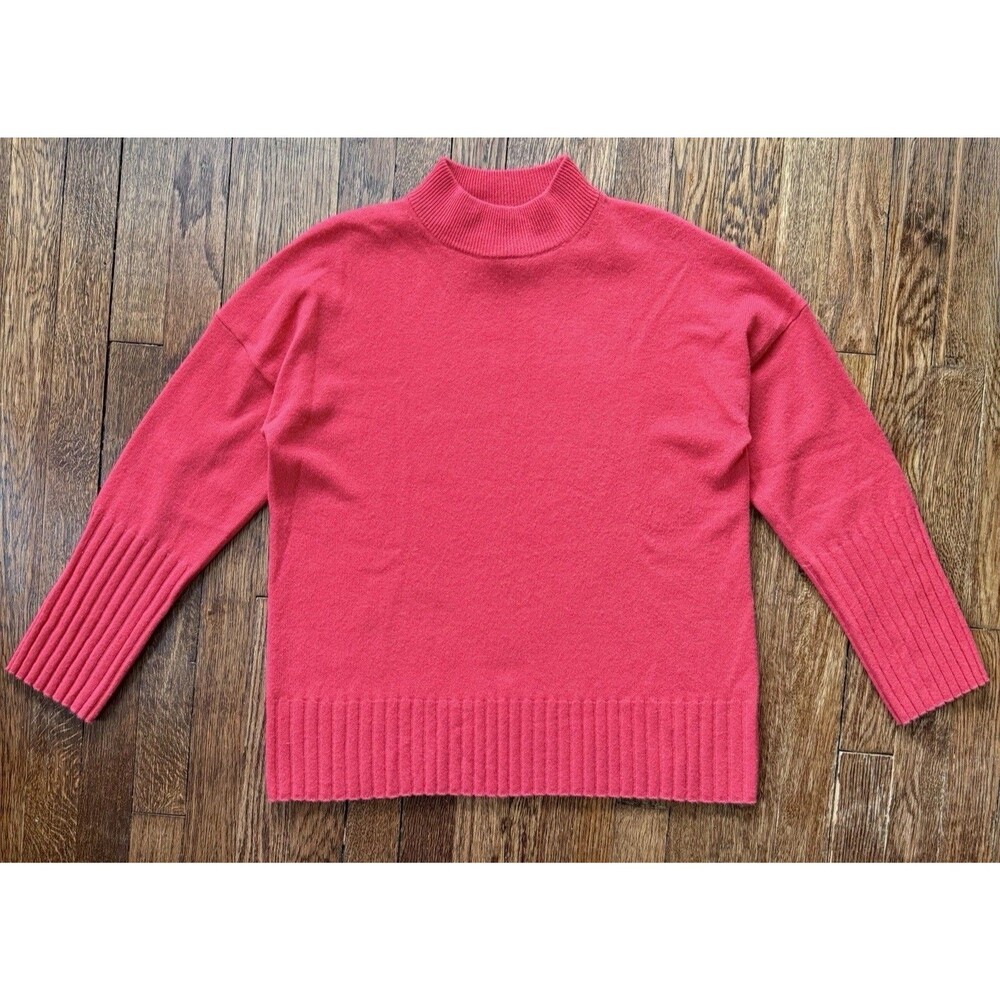 J. Crew 100% Cashmere Mock Neck Sweater Sz S Vivid Coral Drop Shoulder Rib Trim